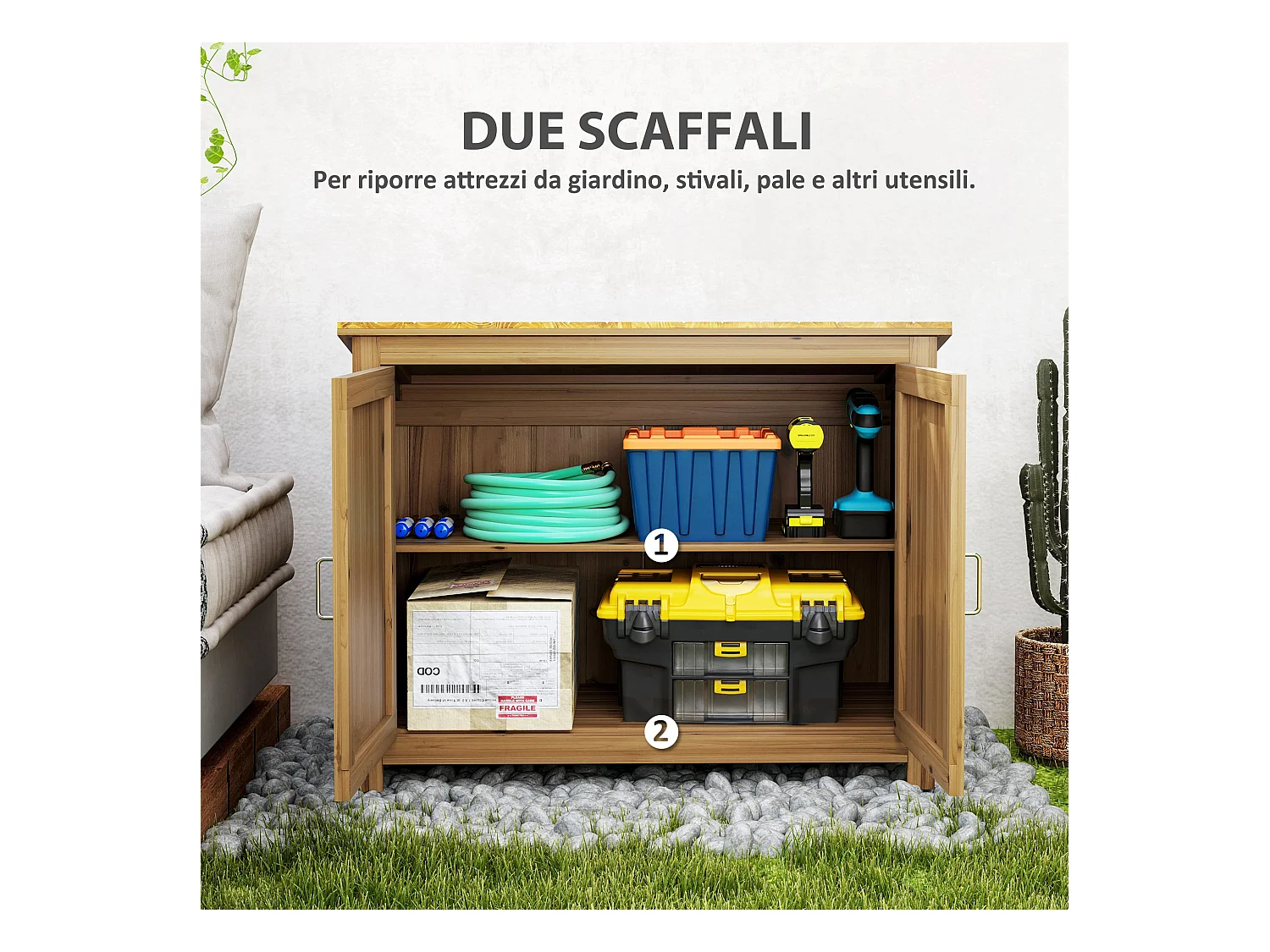 Armadio da esterno con 2 porte e 2 ripiani in legno