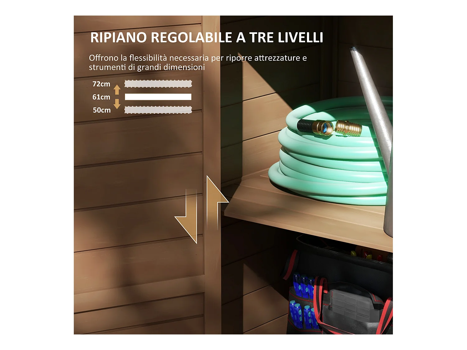 Armadio da giardino con ripiano regolabile e catenaccio in legno