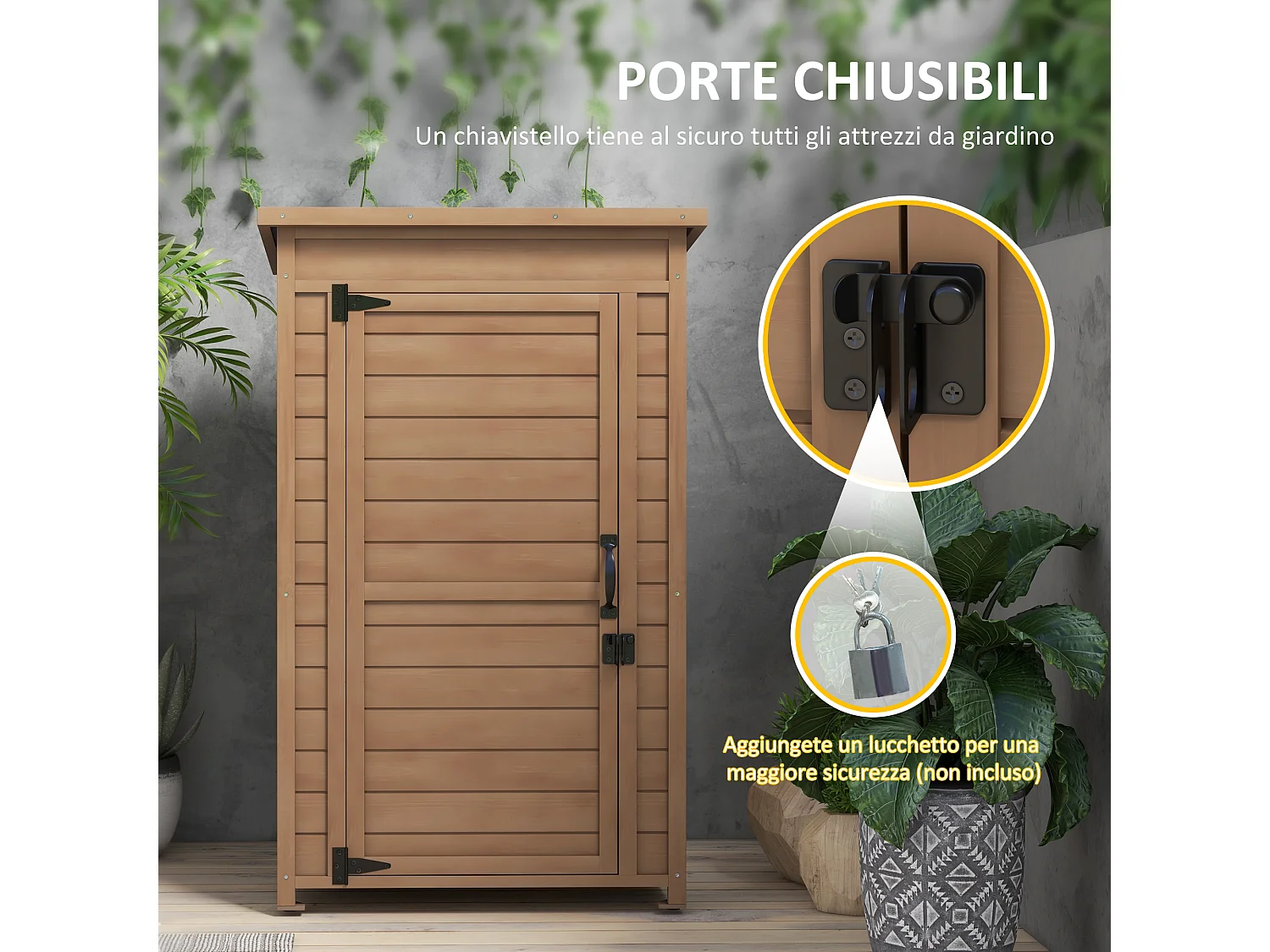 Armadio da giardino con ripiano regolabile e catenaccio in legno