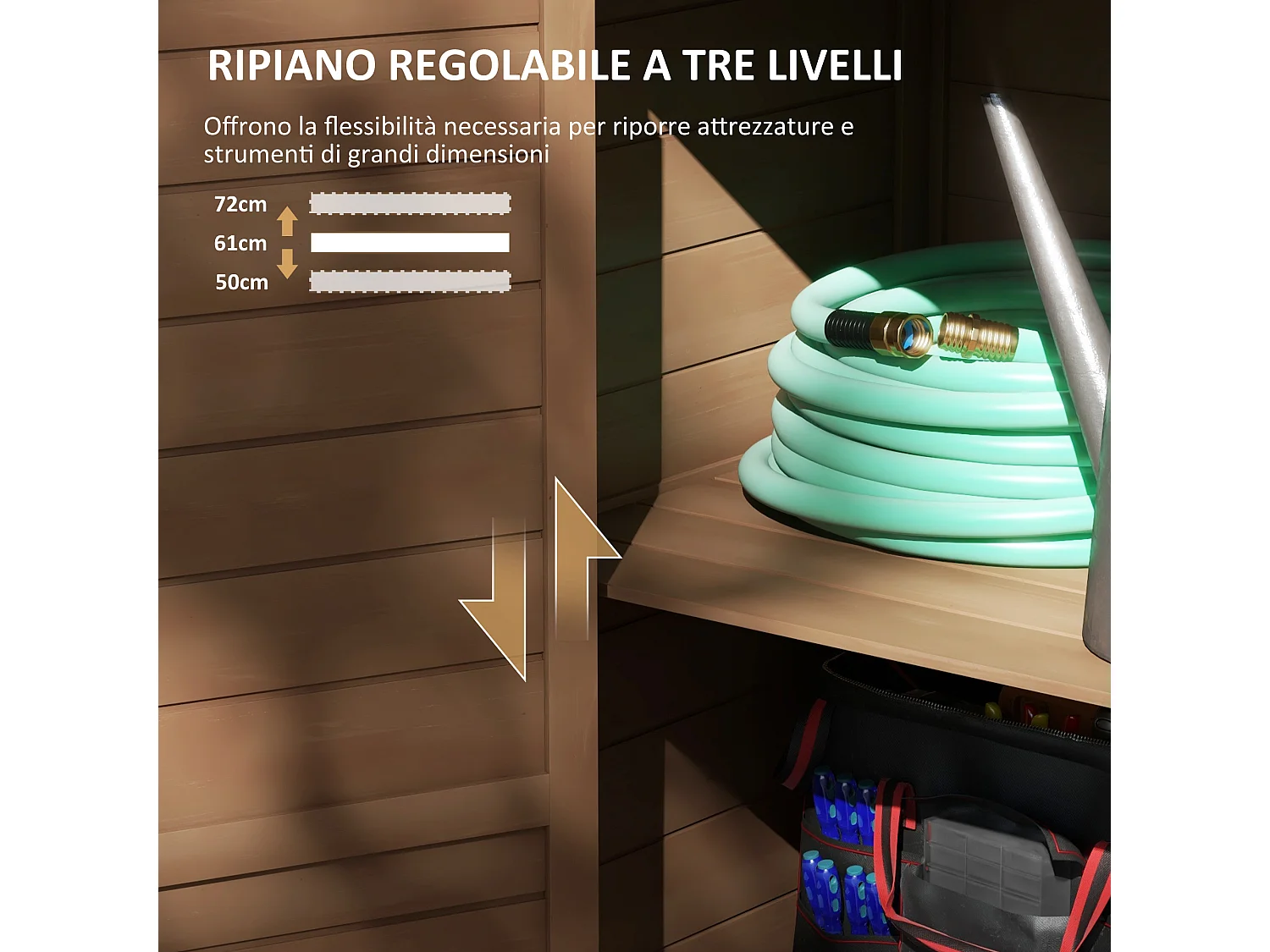 Armadio da giardino con ripiano regolabile e catenaccio in legno