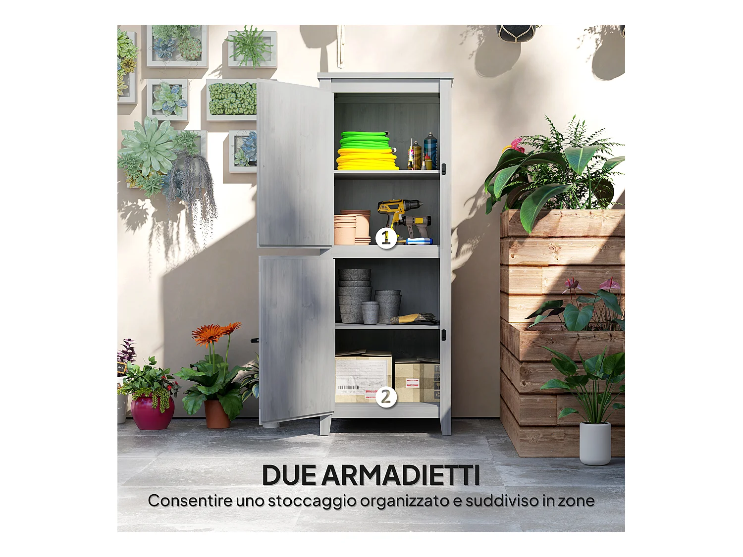 Capanno porta attrezzi da esterno con 2 armadietti con blocco grigio
