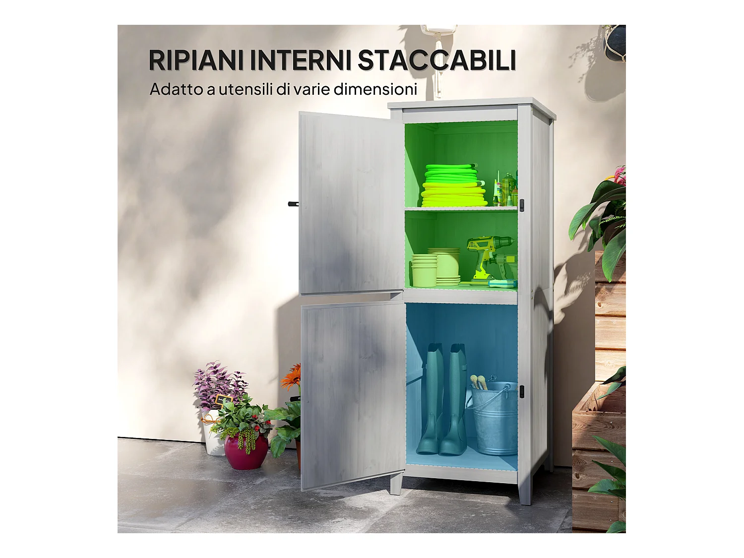 Capanno porta attrezzi da esterno con 2 armadietti con blocco grigio