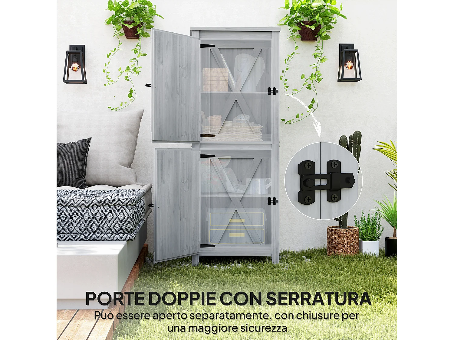 Capanno porta attrezzi da esterno con 2 armadietti con blocco grigio