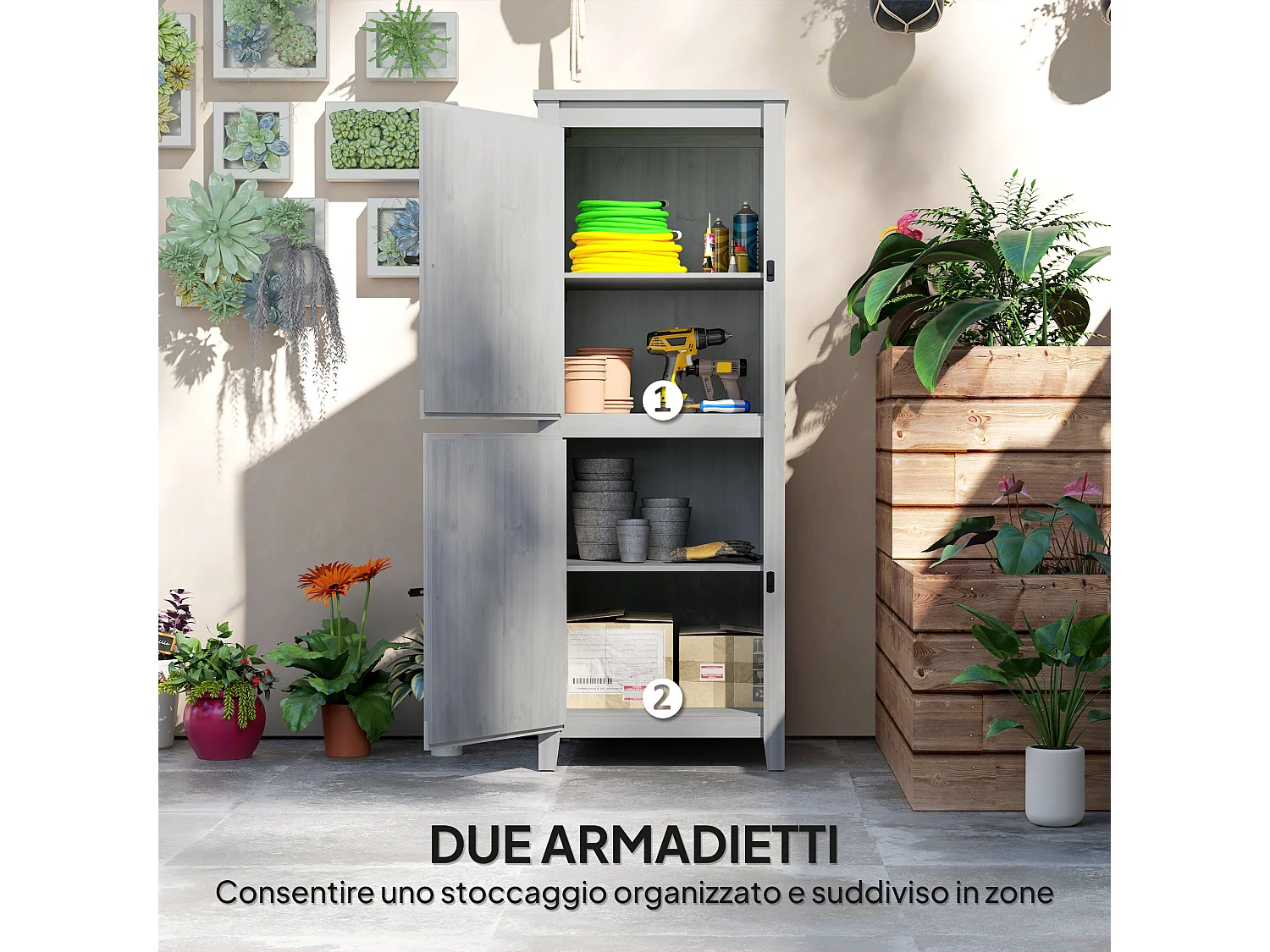 Capanno porta attrezzi da esterno con 2 armadietti con blocco grigio