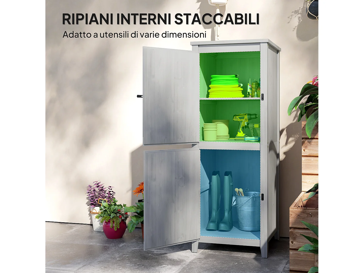 Capanno porta attrezzi da esterno con 2 armadietti con blocco grigio