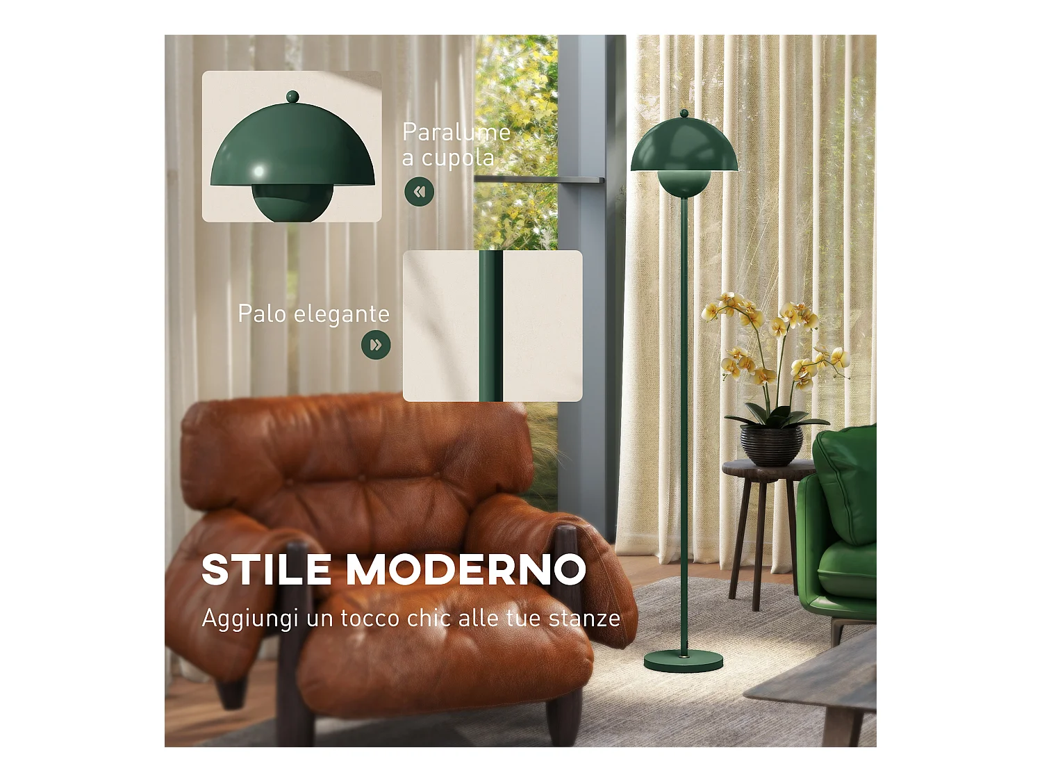 Lampada da terra moderna con paralume semicircolare verde