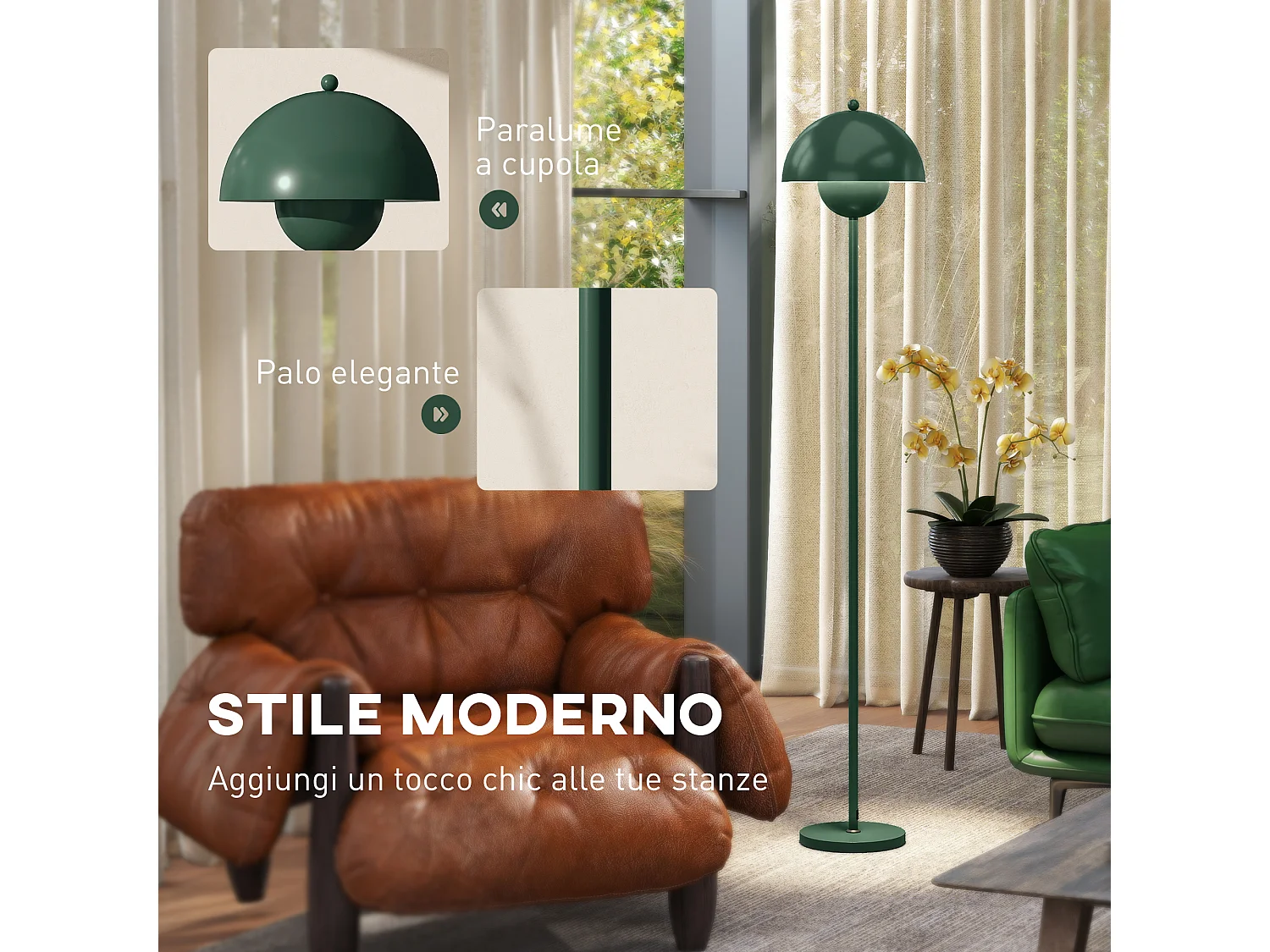 Lampada da terra moderna con paralume semicircolare verde