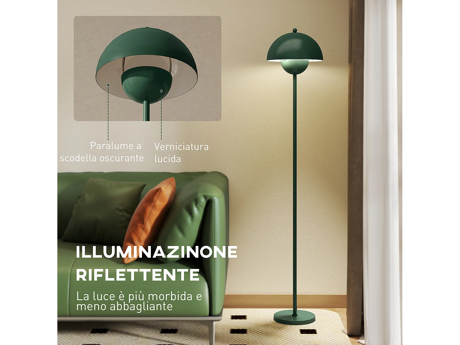Lampada da terra moderna con paralume semicircolare verde