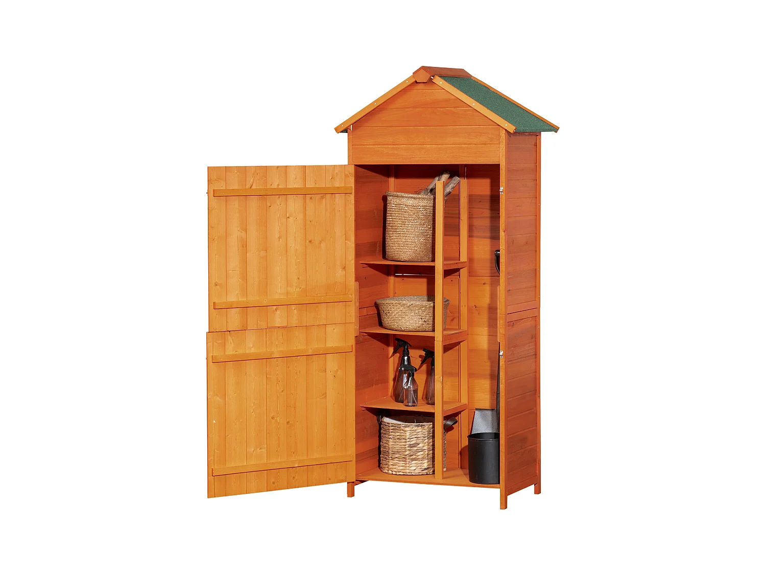 Casetta porta attrezzi in legno con 2 ante e 3 mensole