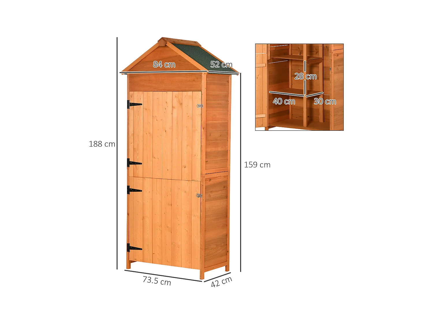 Casetta porta attrezzi in legno con 2 ante e 3 mensole