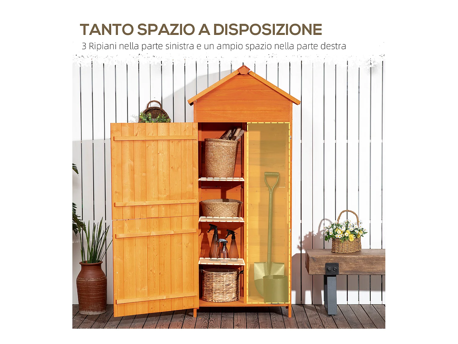 Casetta porta attrezzi in legno con 2 ante e 3 mensole