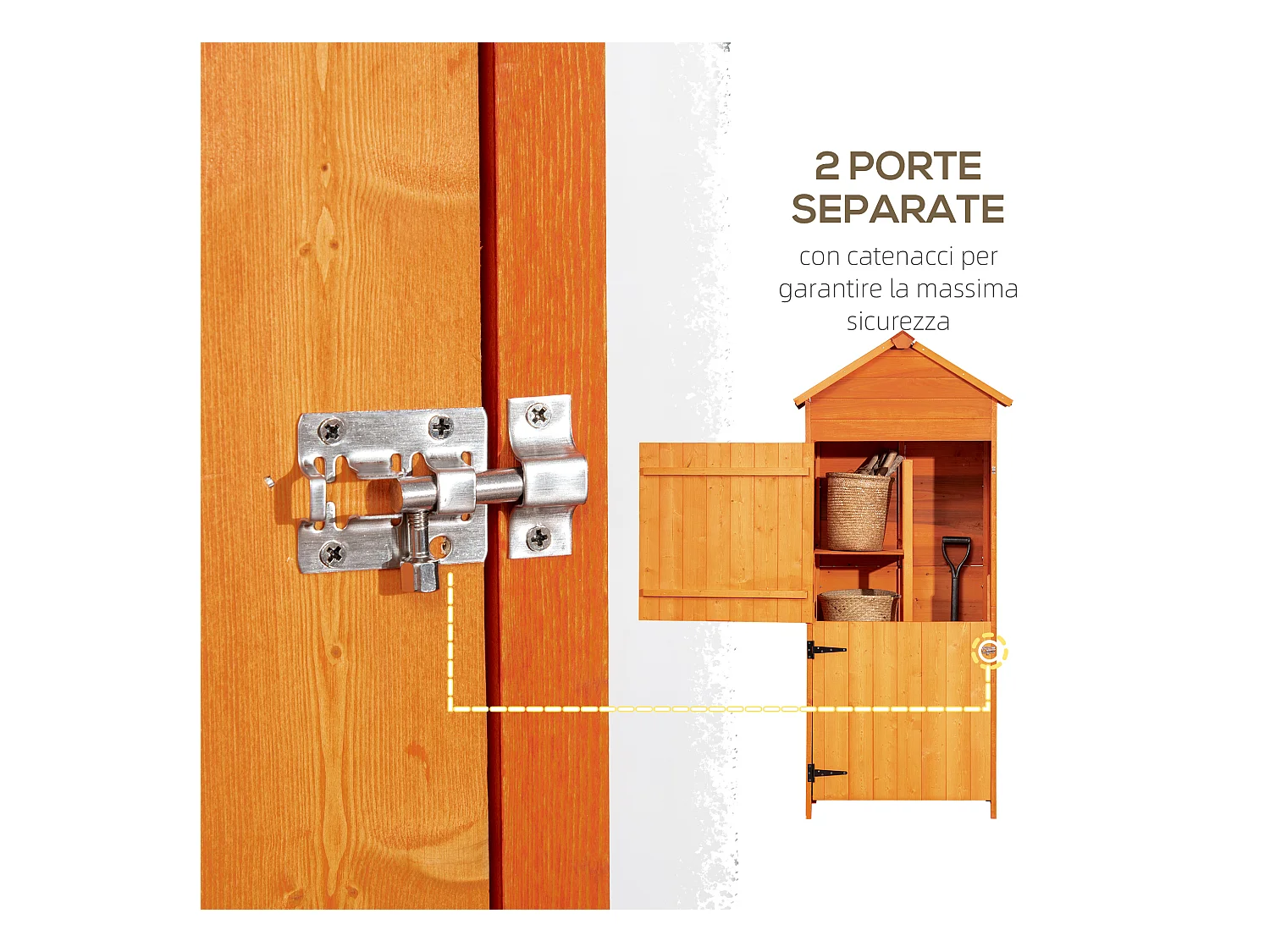 Casetta porta attrezzi in legno con 2 ante e 3 mensole