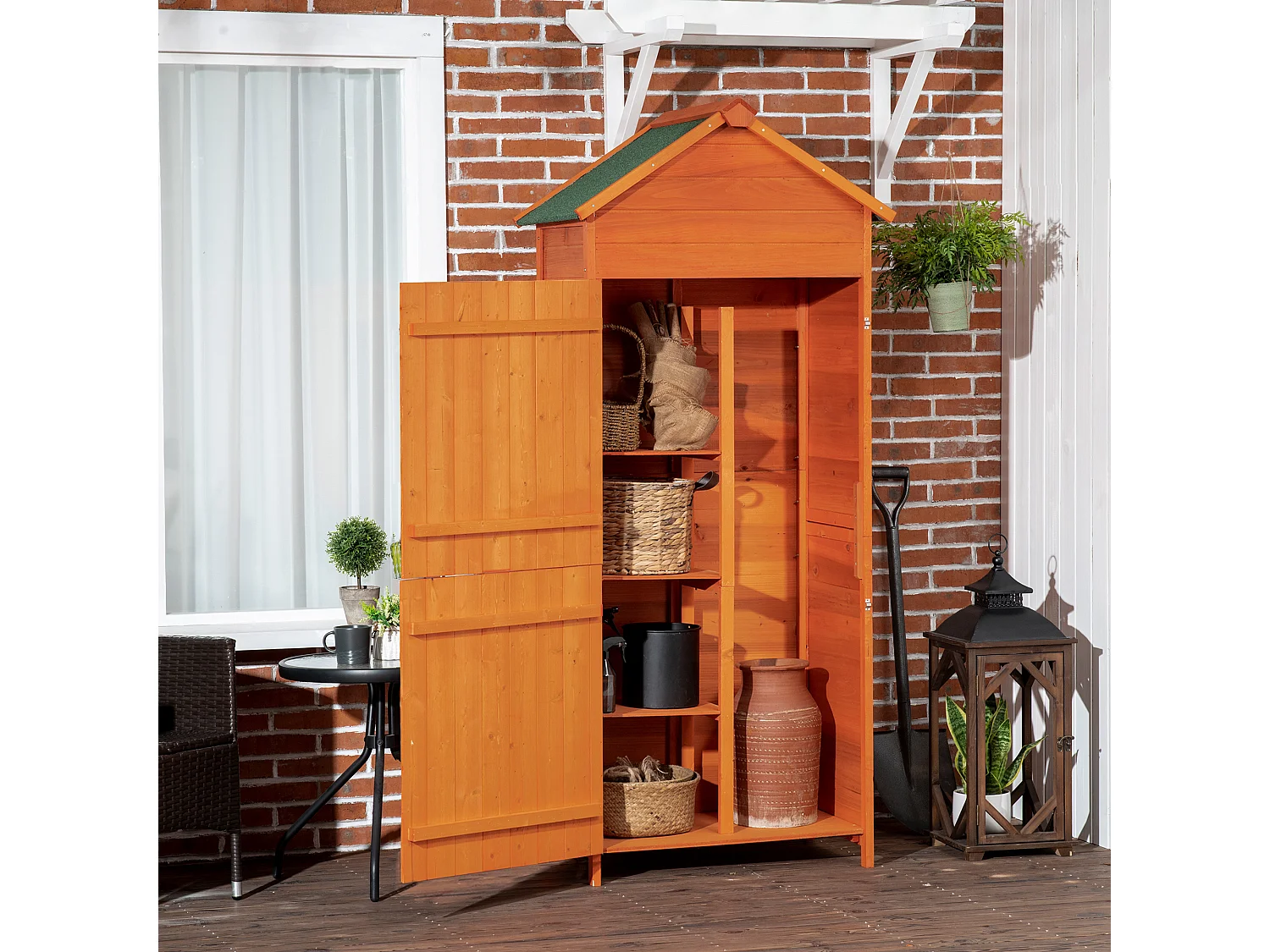 Casetta porta attrezzi in legno con 2 ante e 3 mensole