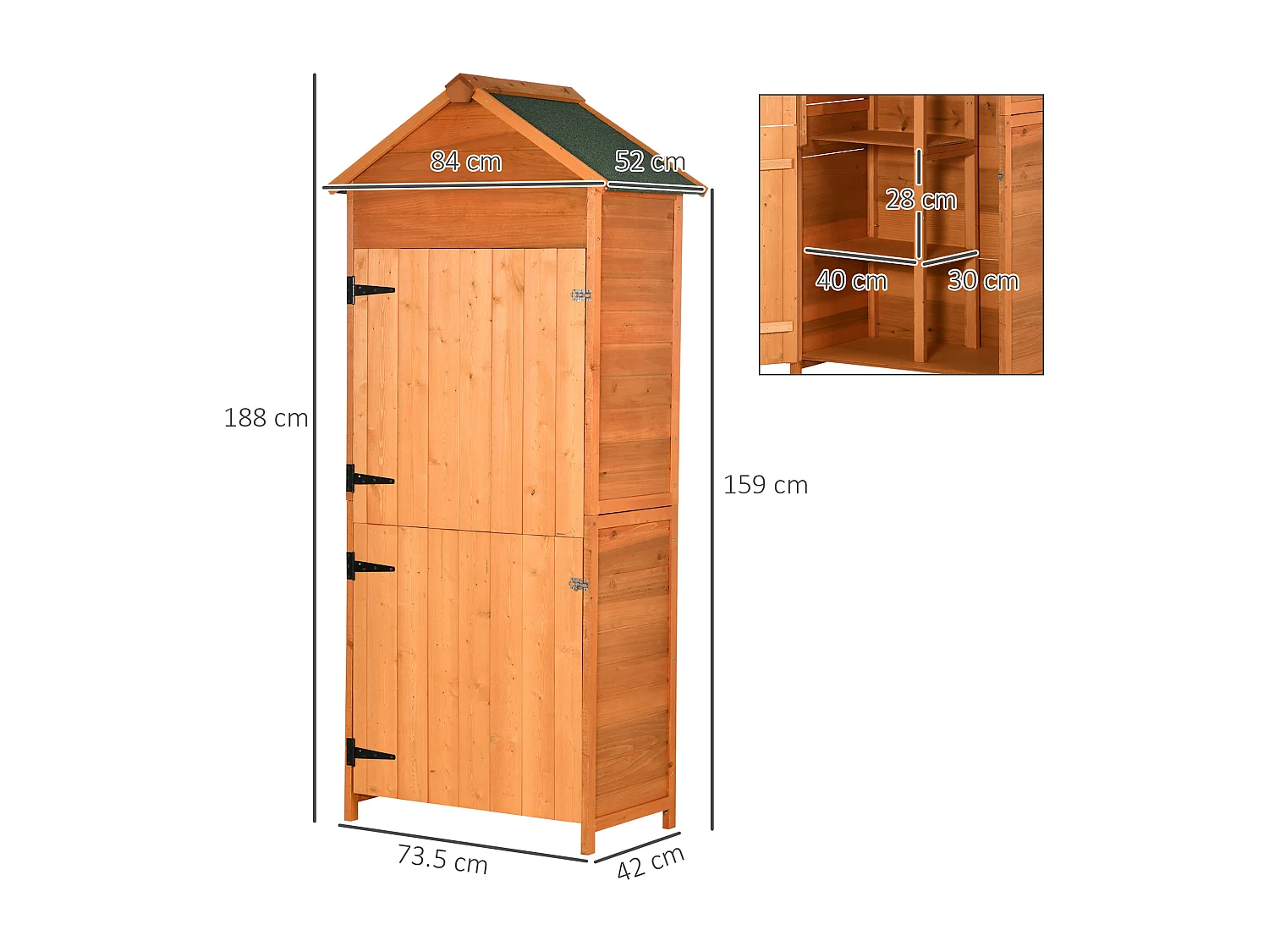 Casetta porta attrezzi in legno con 2 ante e 3 mensole