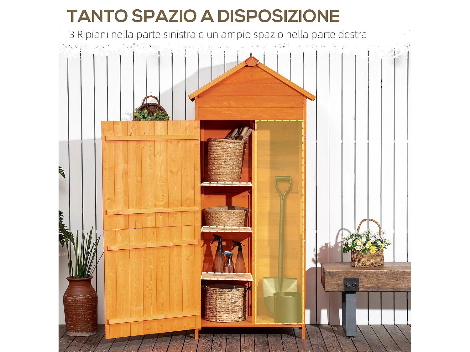 Casetta porta attrezzi in legno con 2 ante e 3 mensole