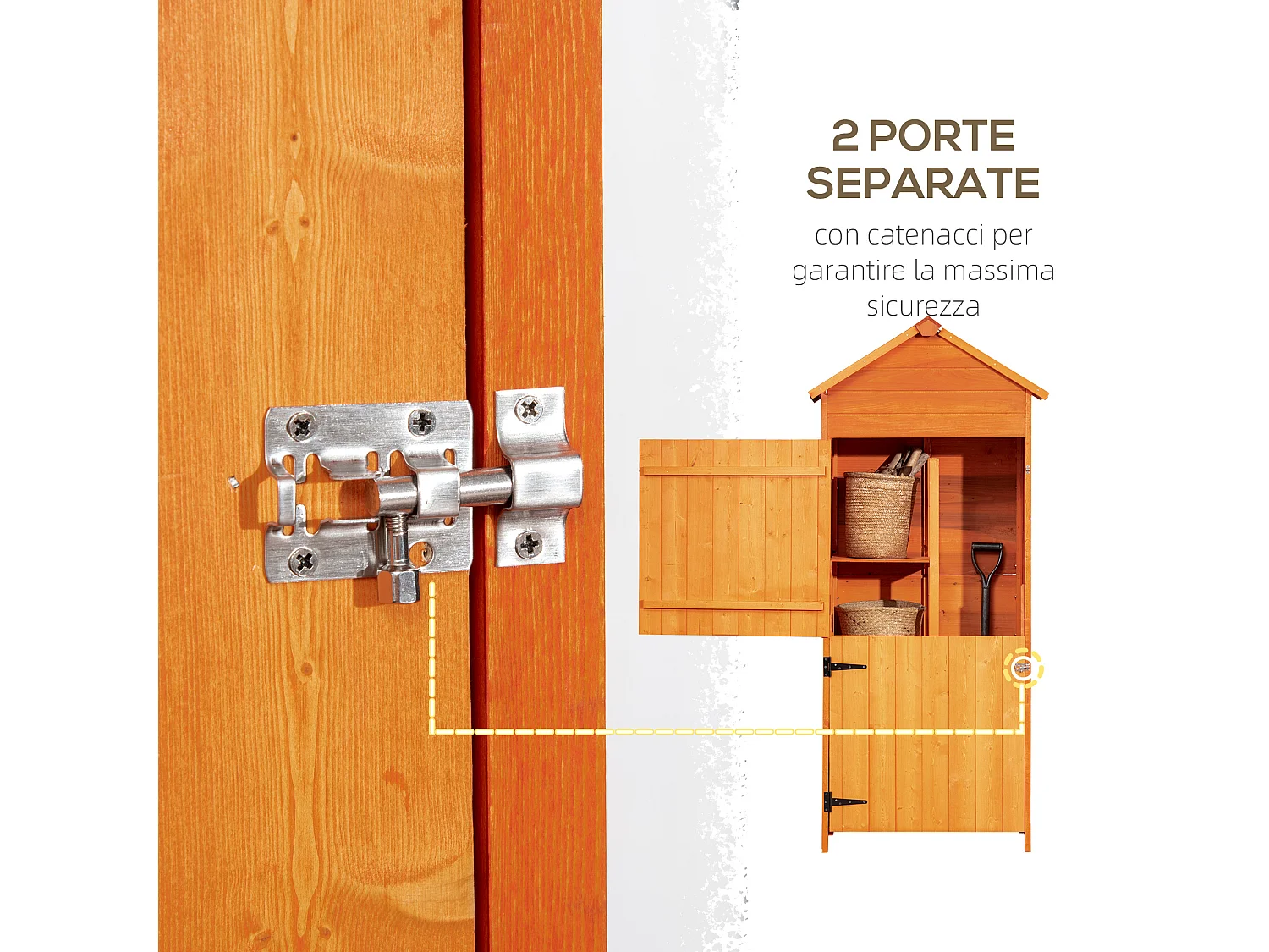 Casetta porta attrezzi in legno con 2 ante e 3 mensole