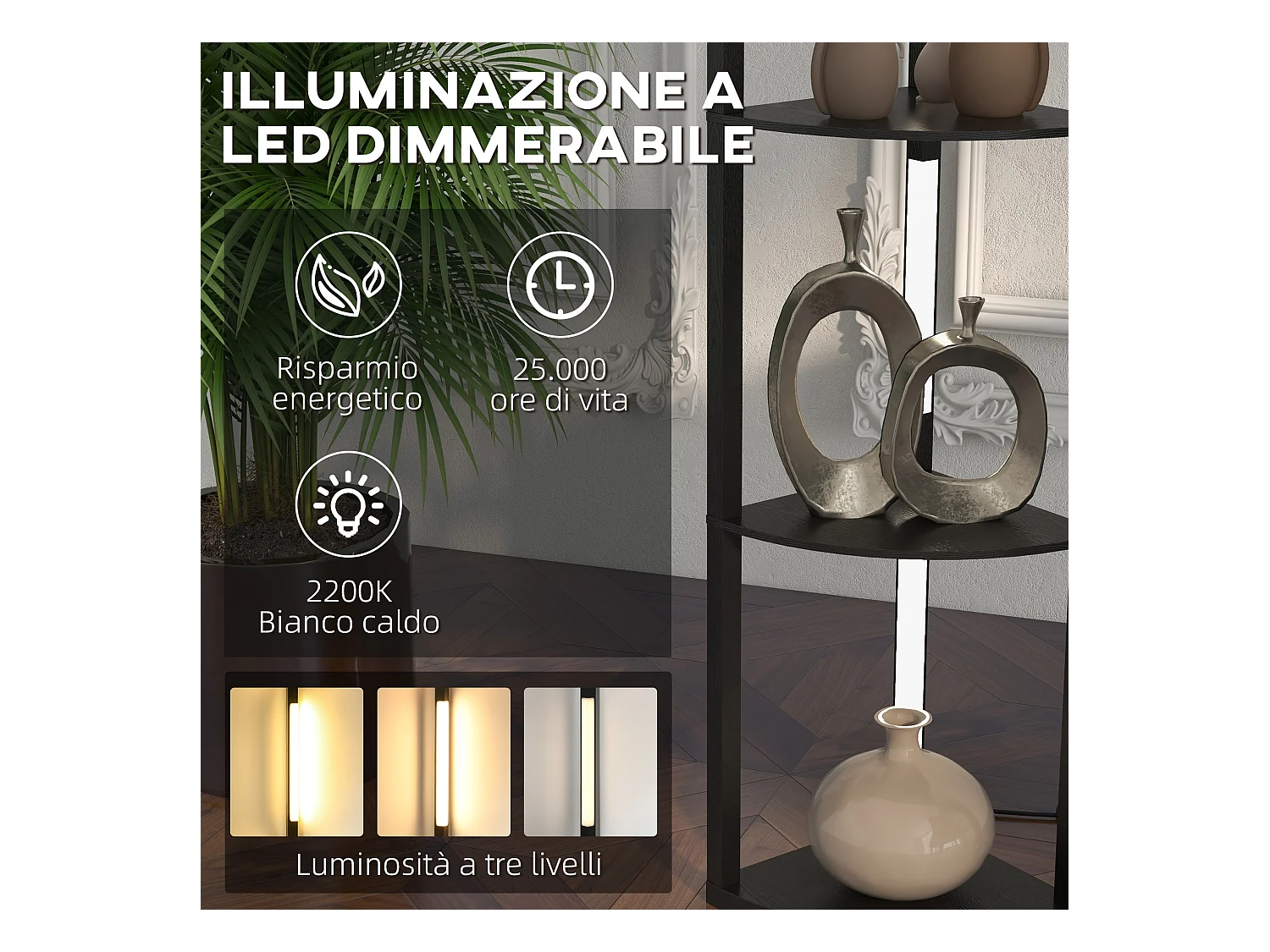 Lampada da terra in mdf a 4 ripiani con luce led da 3000k