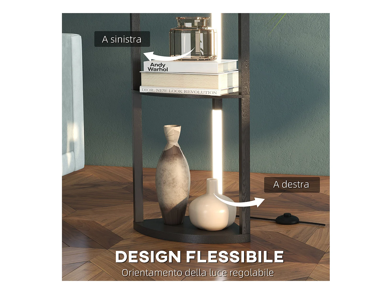 Lampada da terra in mdf a 4 ripiani con luce led da 3000k