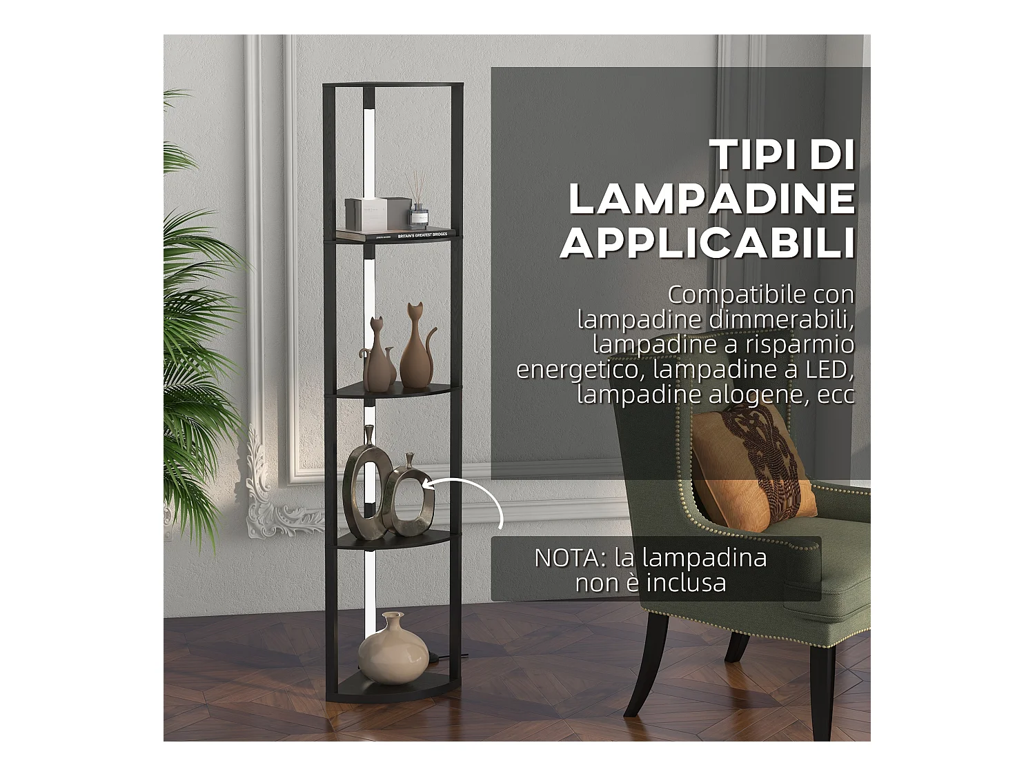 Lampada da terra in mdf a 4 ripiani con luce led da 3000k