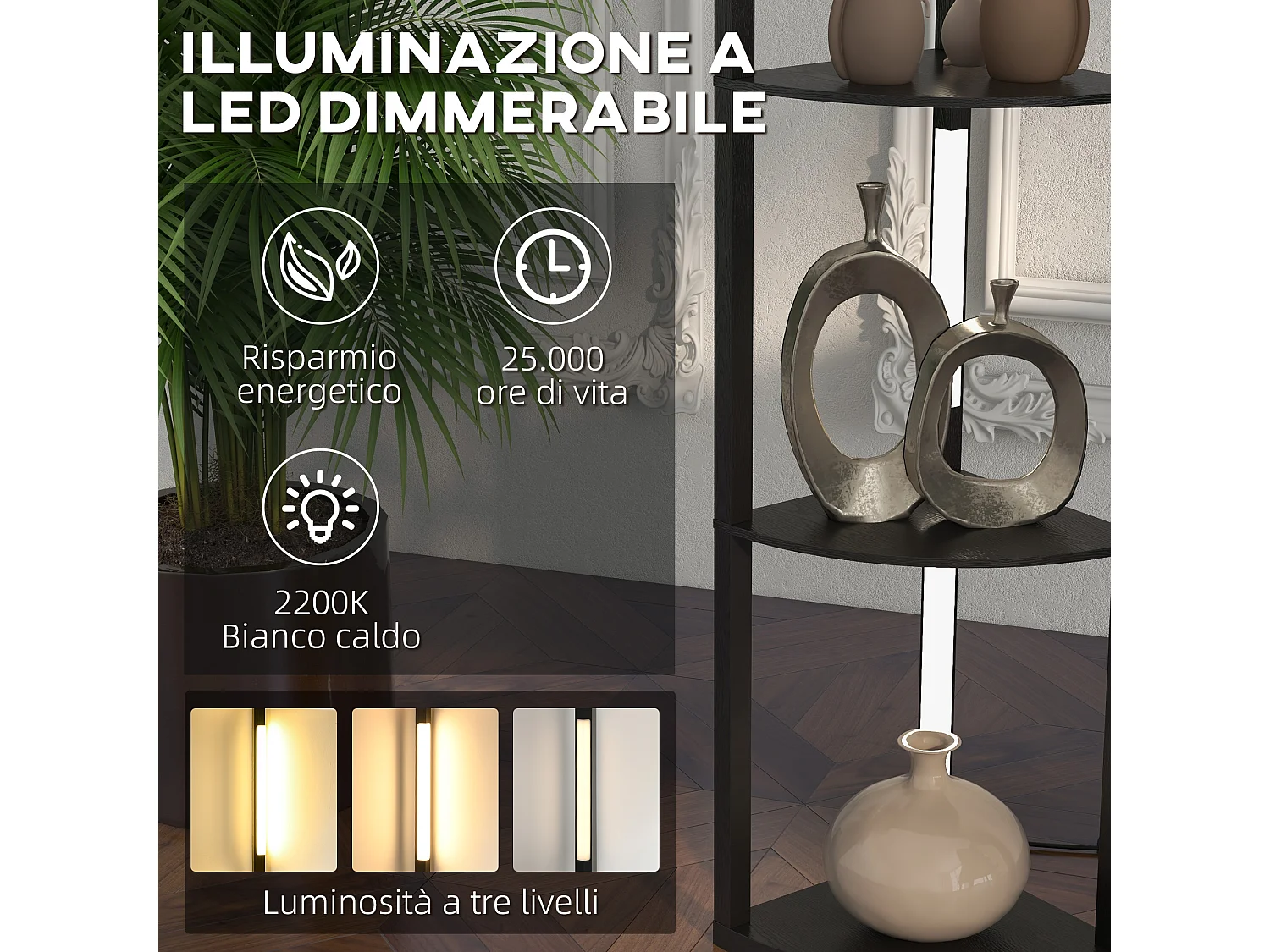 Lampada da terra in mdf a 4 ripiani con luce led da 3000k