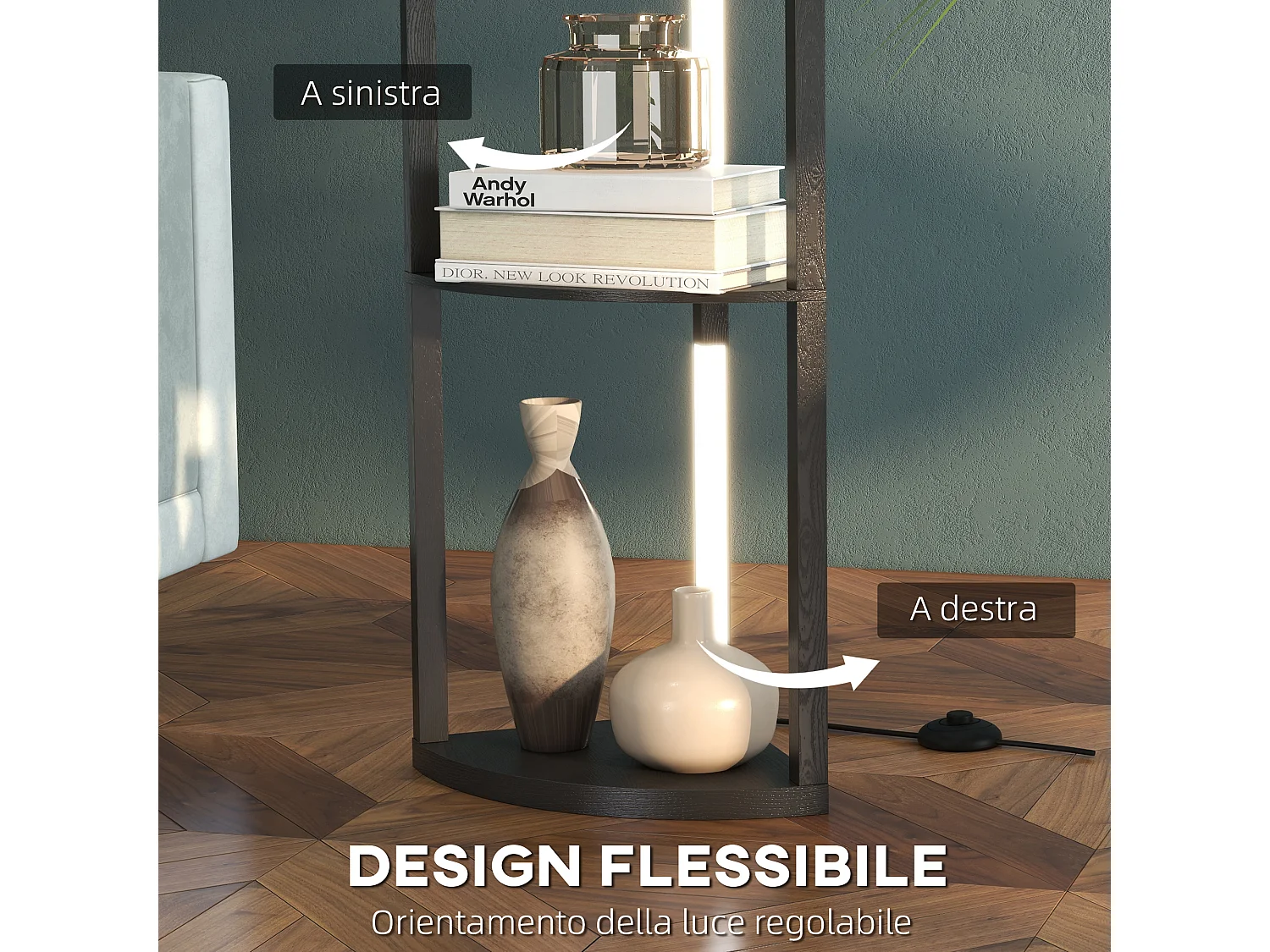 Lampada da terra in mdf a 4 ripiani con luce led da 3000k