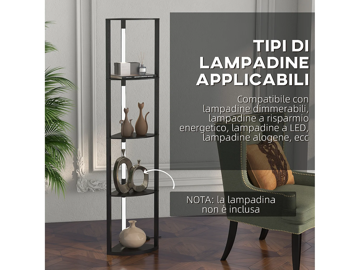 Lampada da terra in mdf a 4 ripiani con luce led da 3000k