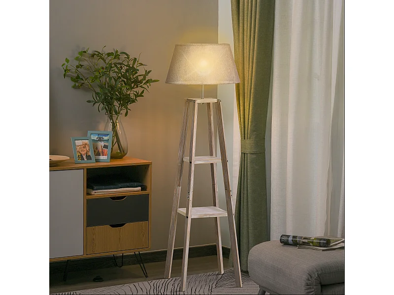 Lampada da terra con 3 ripiani in legno e tessuto grigio
