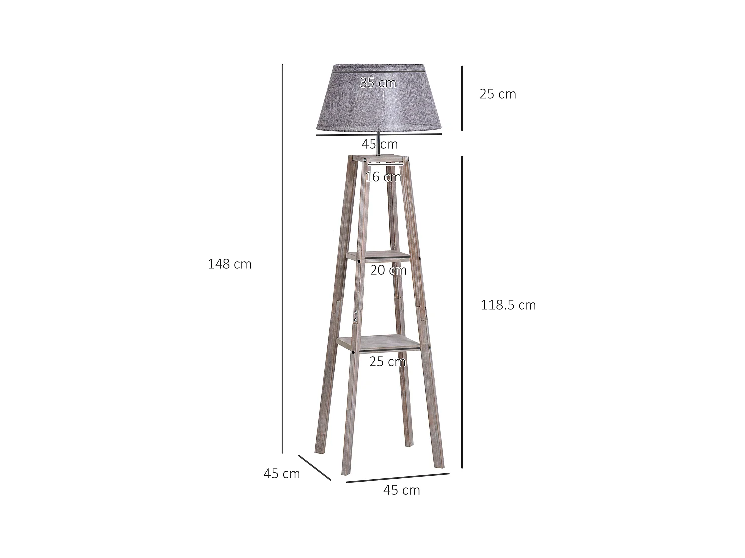 Lampada da terra con 3 ripiani in legno e tessuto grigio