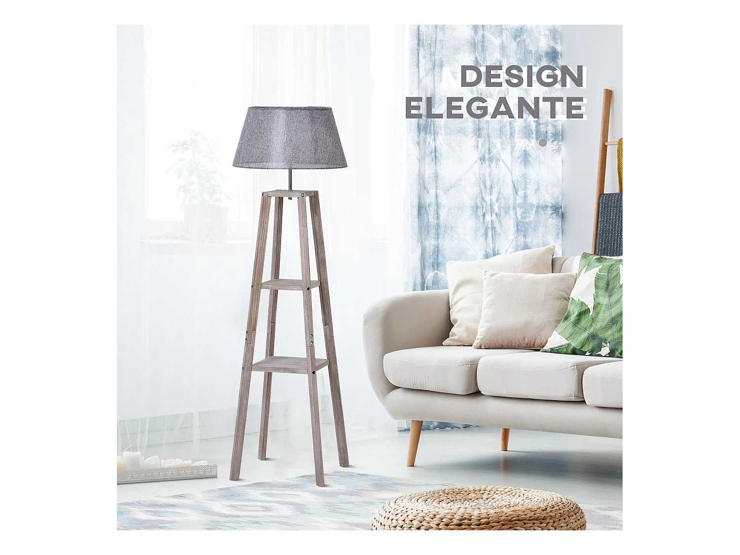 Lampada da terra con 3 ripiani in legno e tessuto grigio