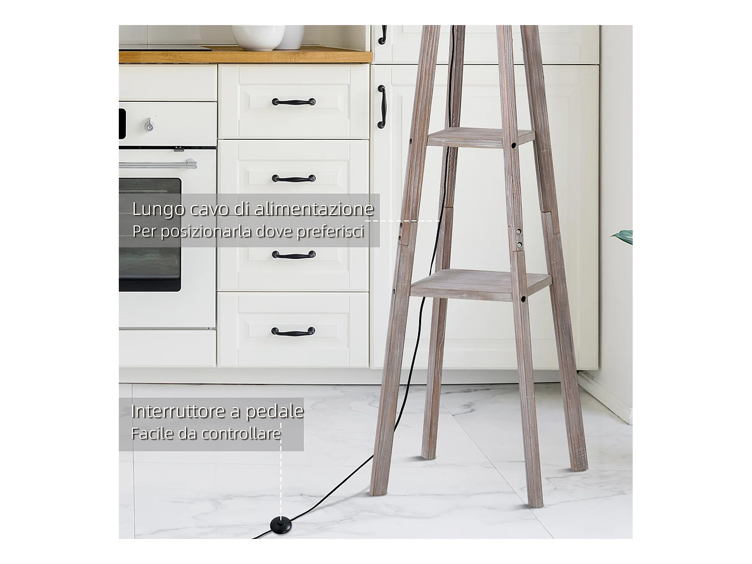 Lampada da terra con 3 ripiani in legno e tessuto grigio