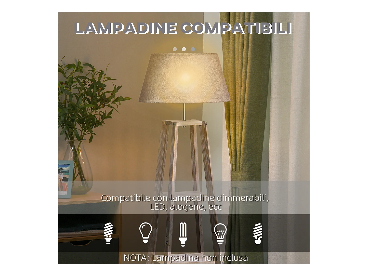 Lampada da terra con 3 ripiani in legno e tessuto grigio