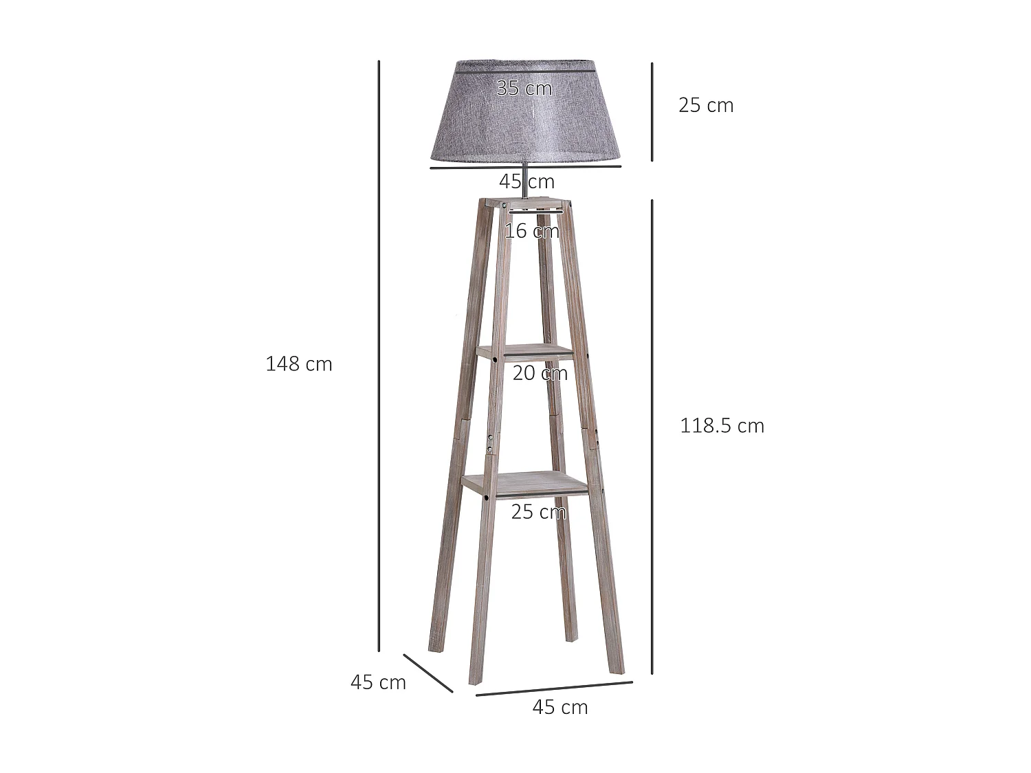 Lampada da terra con 3 ripiani in legno e tessuto grigio