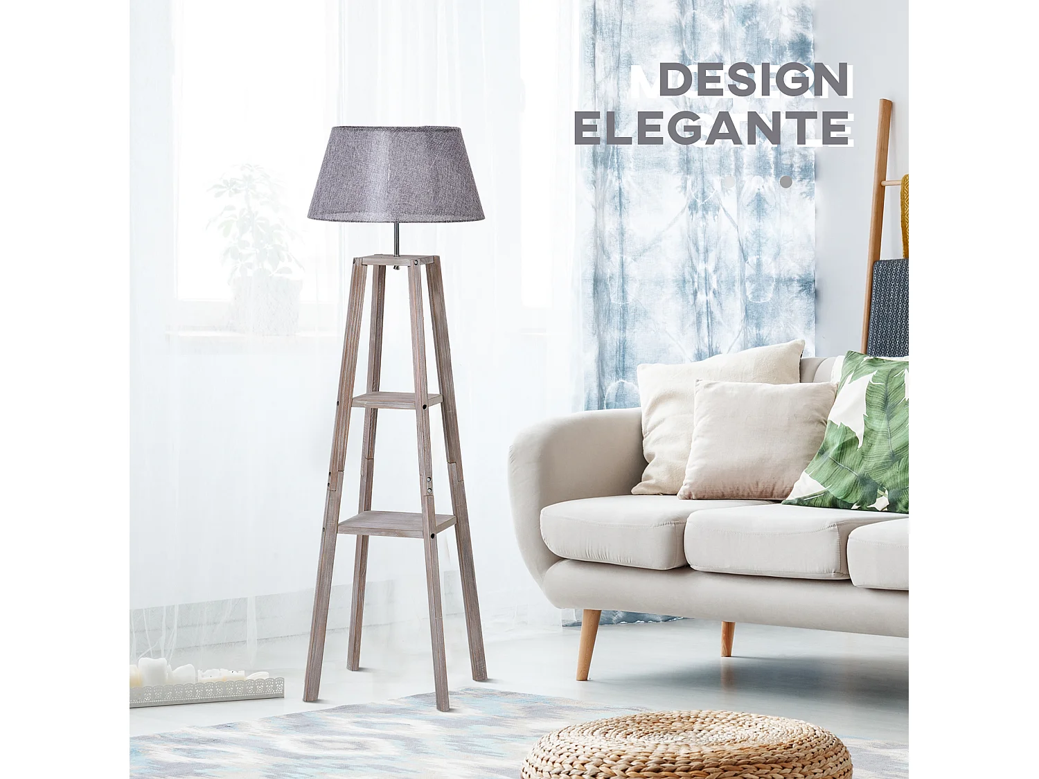 Lampada da terra con 3 ripiani in legno e tessuto grigio