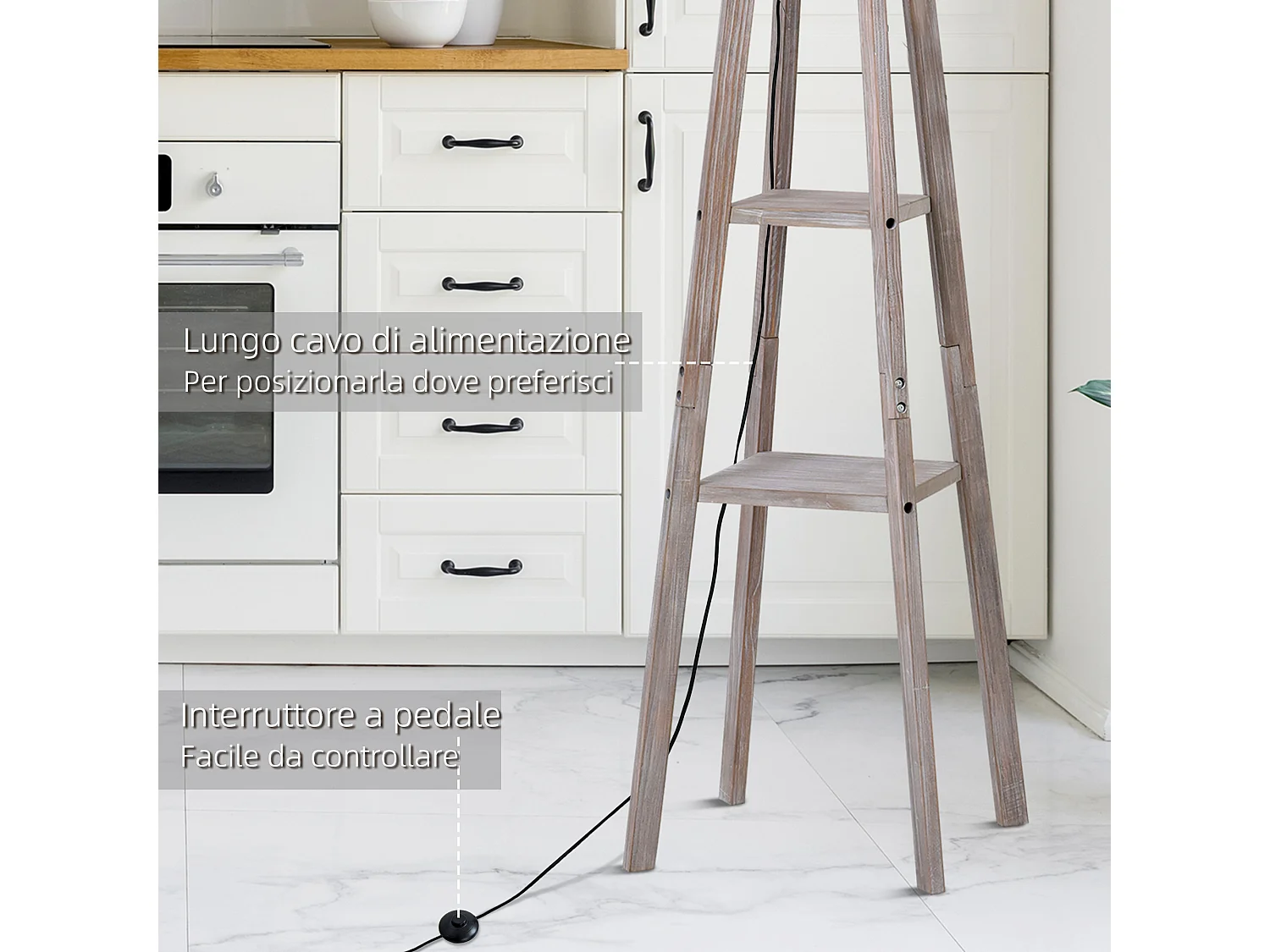 Lampada da terra con 3 ripiani in legno e tessuto grigio