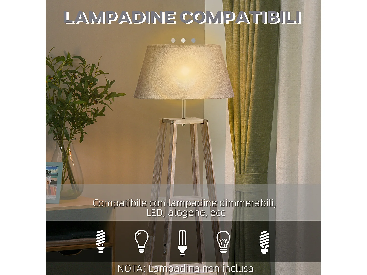 Lampada da terra con 3 ripiani in legno e tessuto grigio