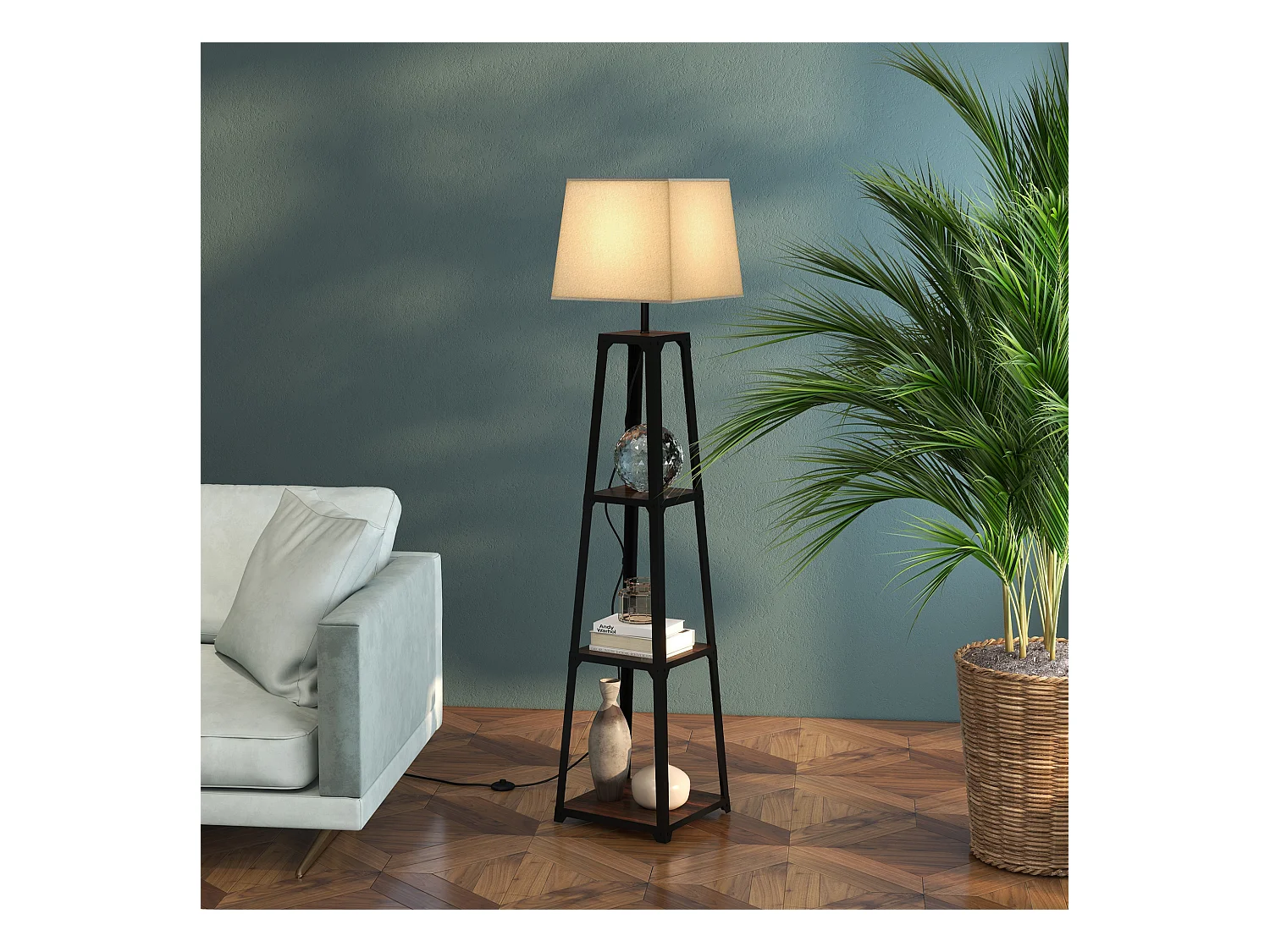 Lampada da terra a 3 ripiani con paralume in tessuto