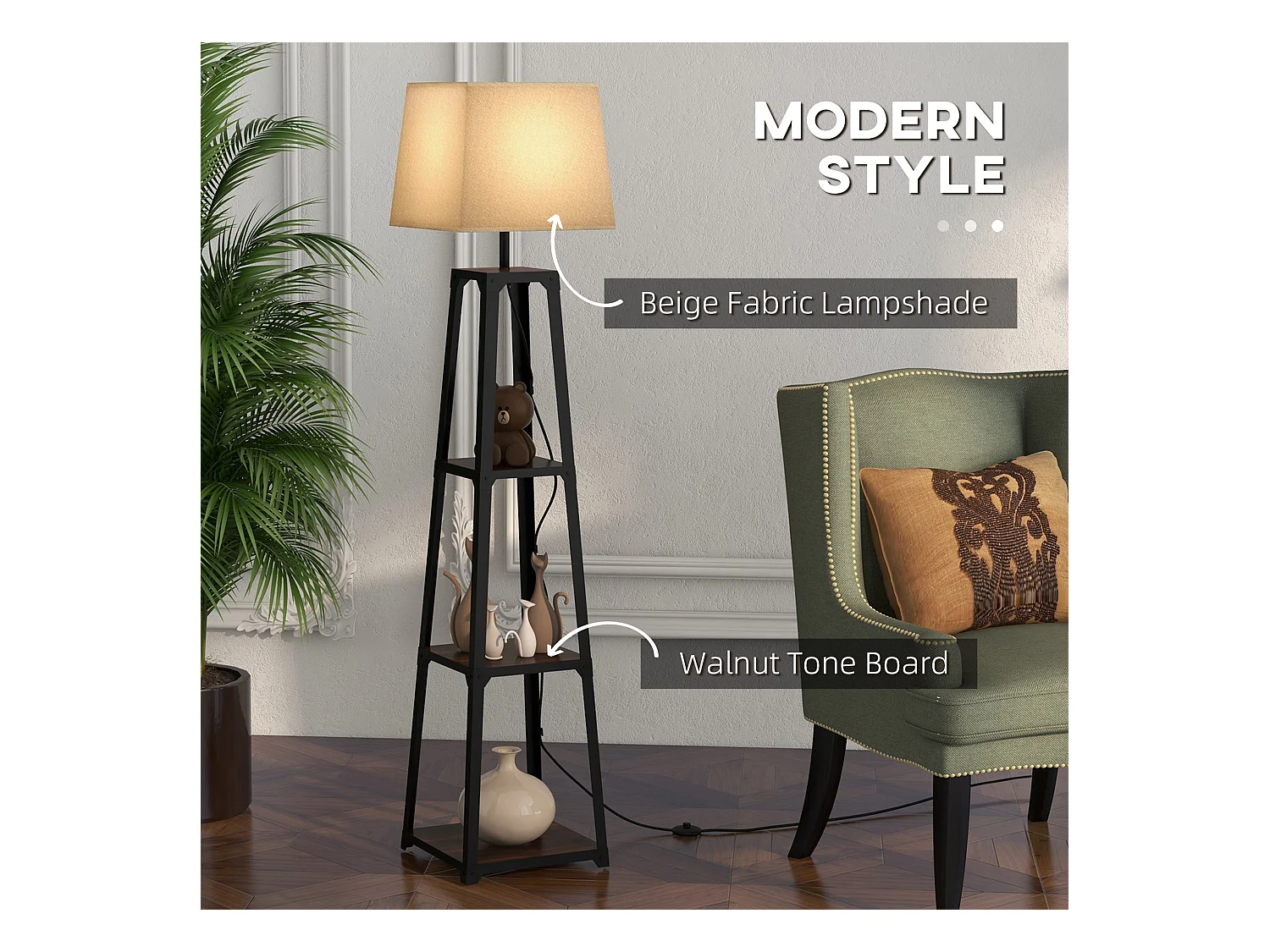 Lampada da terra a 3 ripiani con paralume in tessuto