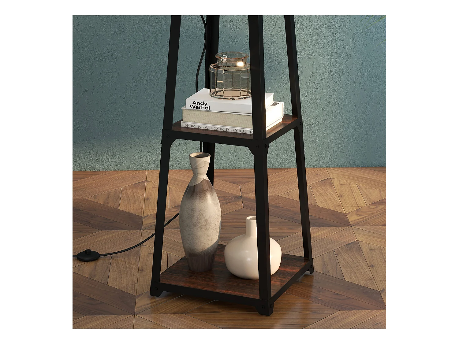 Lampada da terra a 3 ripiani con paralume in tessuto