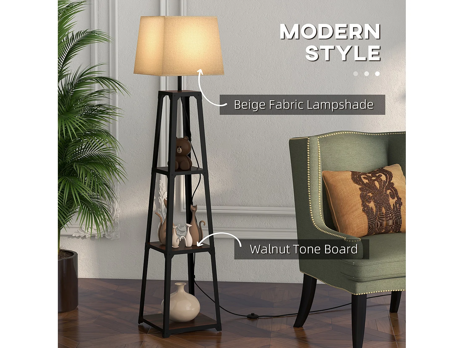 Lampada da terra a 3 ripiani con paralume in tessuto