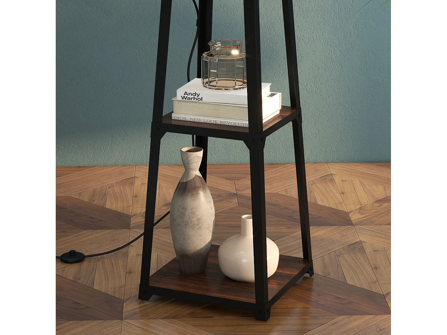 Lampada da terra a 3 ripiani con paralume in tessuto