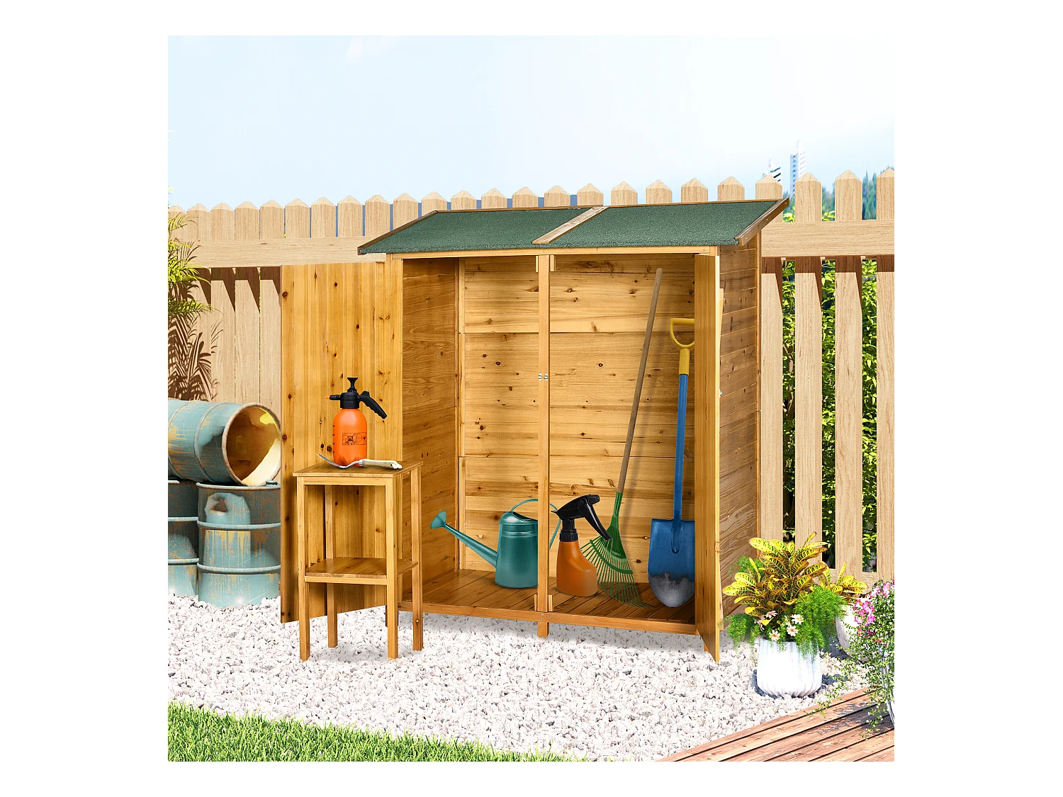 Casetta da giardino in legno a 2 ante con sgabello alto
