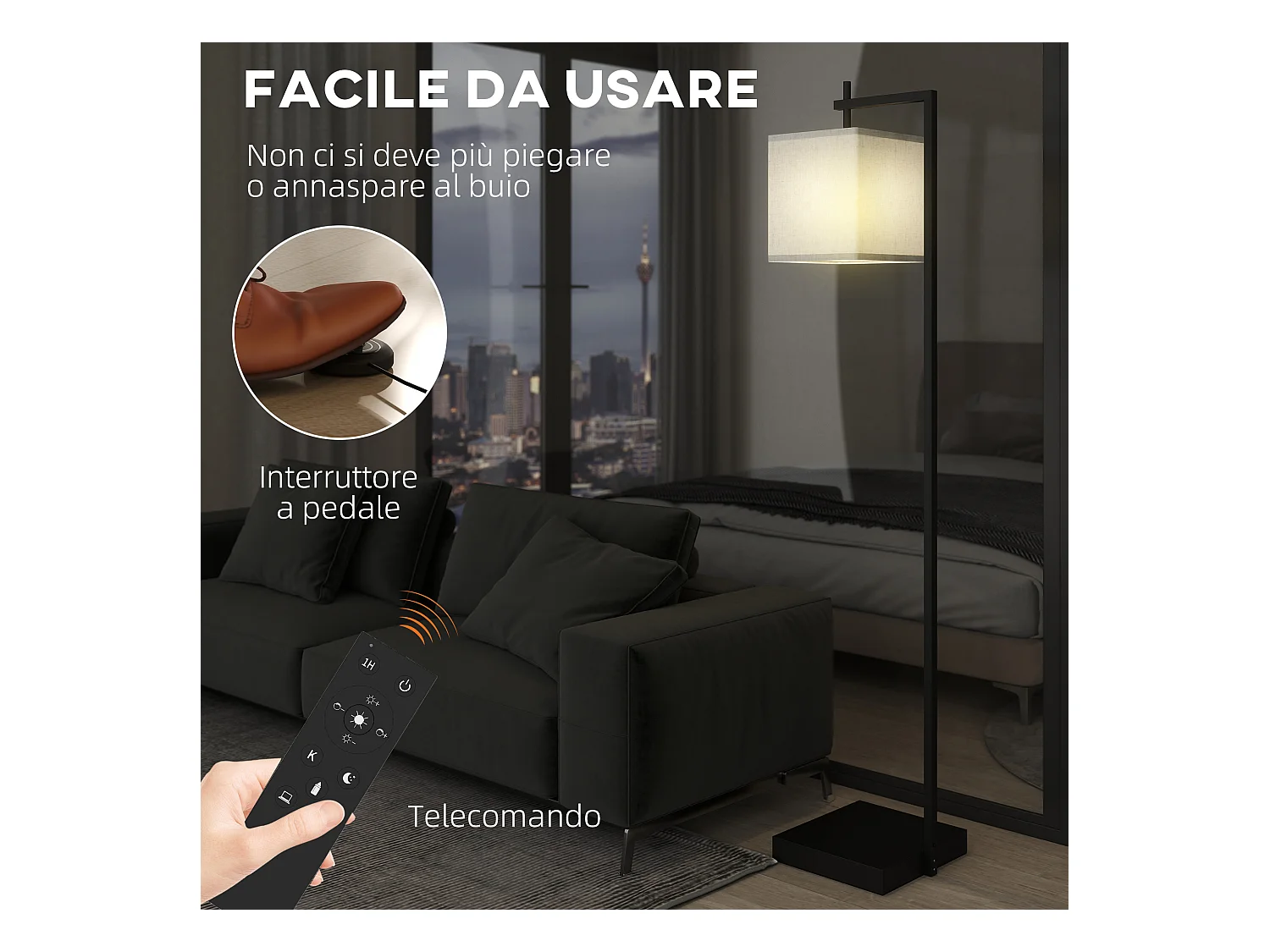 Lampada da terra luminosità regolabile con telecomando e lampadina 9w