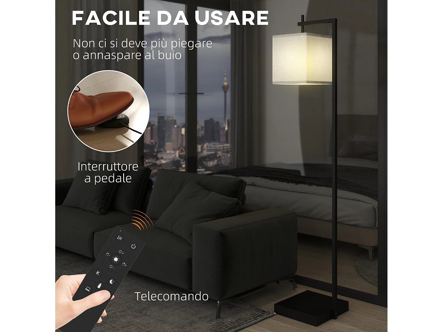 Lampada da terra luminosità regolabile con telecomando e lampadina 9w