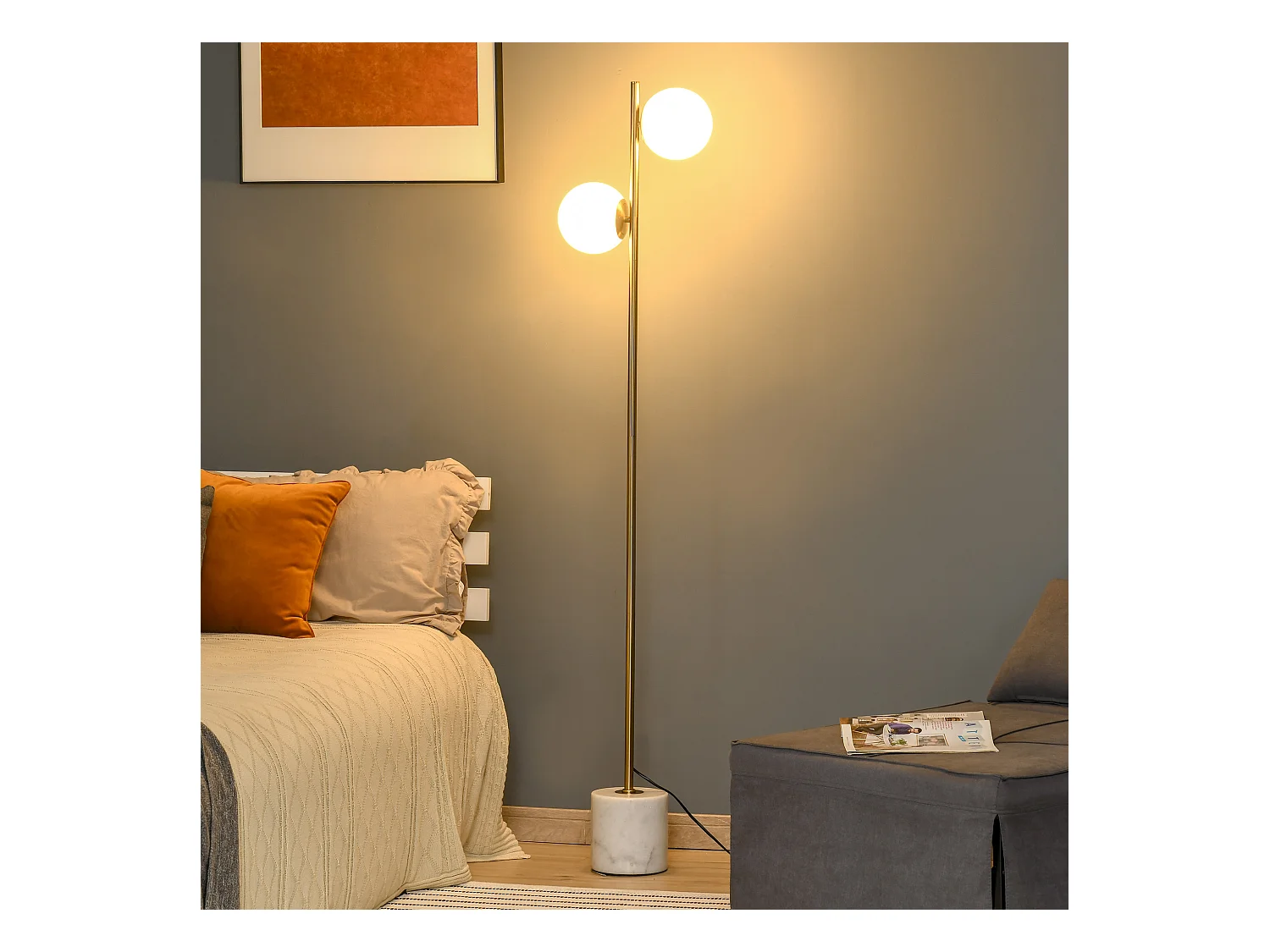 Lampada da terra con 2 luci e base in marmo altezza 165cm oro