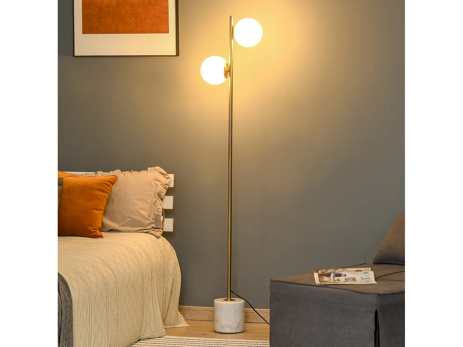 Lampada da terra con 2 luci e base in marmo altezza 165cm oro