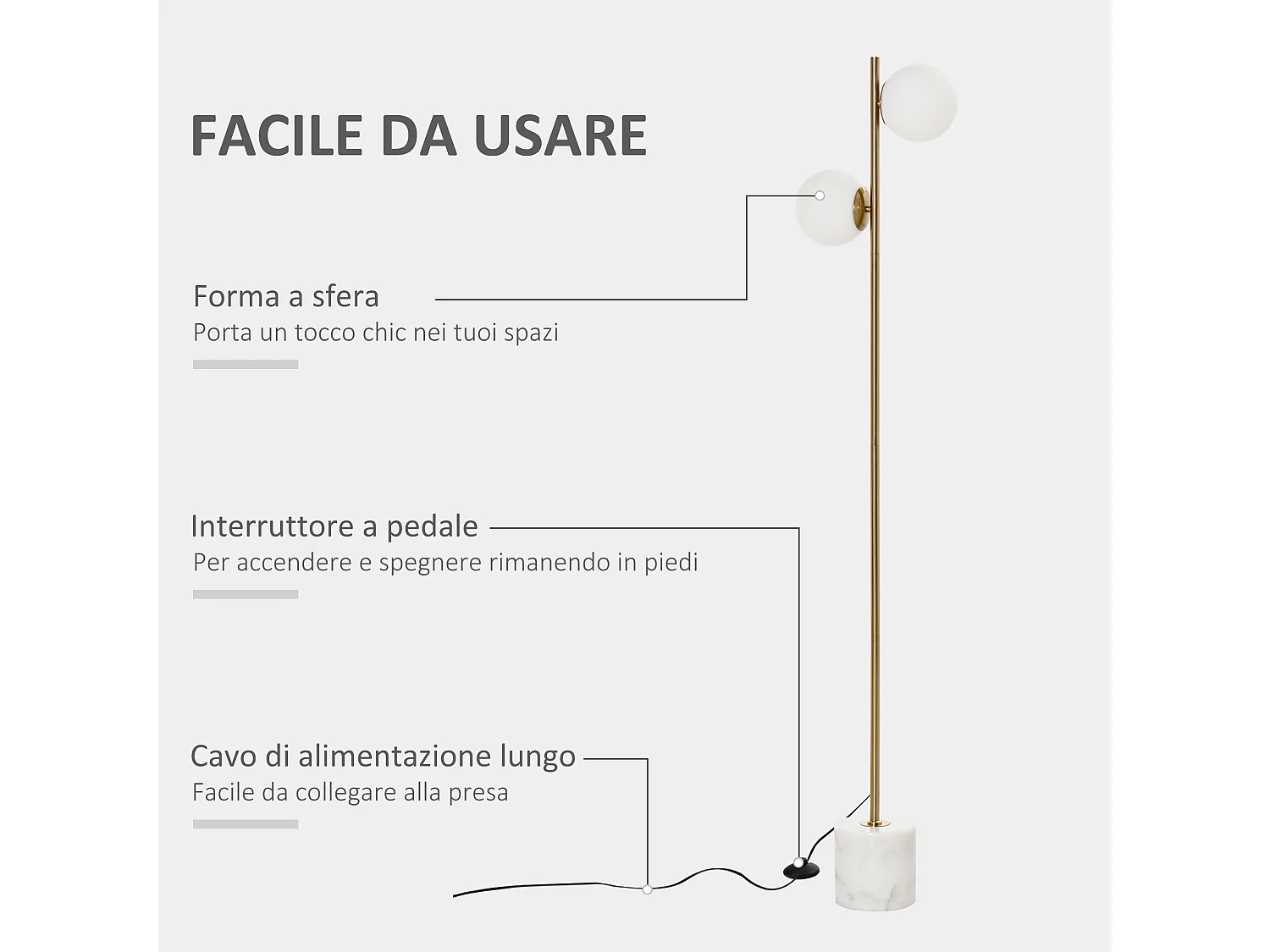 Lampada da terra con 2 luci e base in marmo altezza 165cm oro