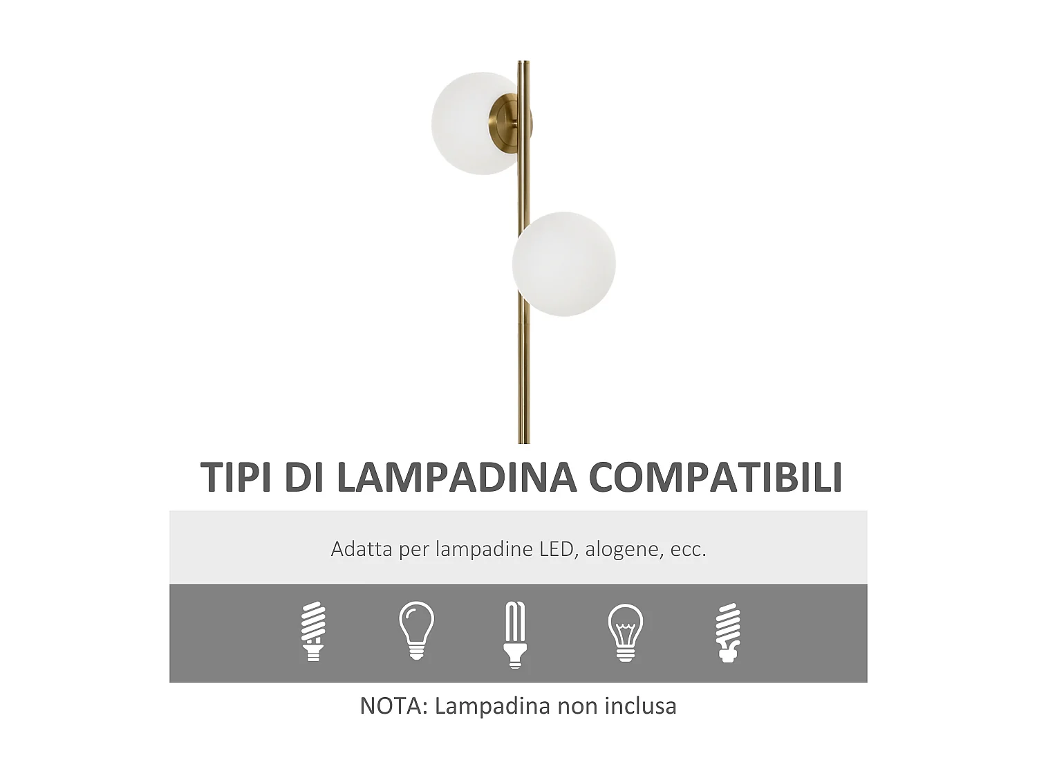 Lampada da terra con 2 luci e base in marmo altezza 165cm oro