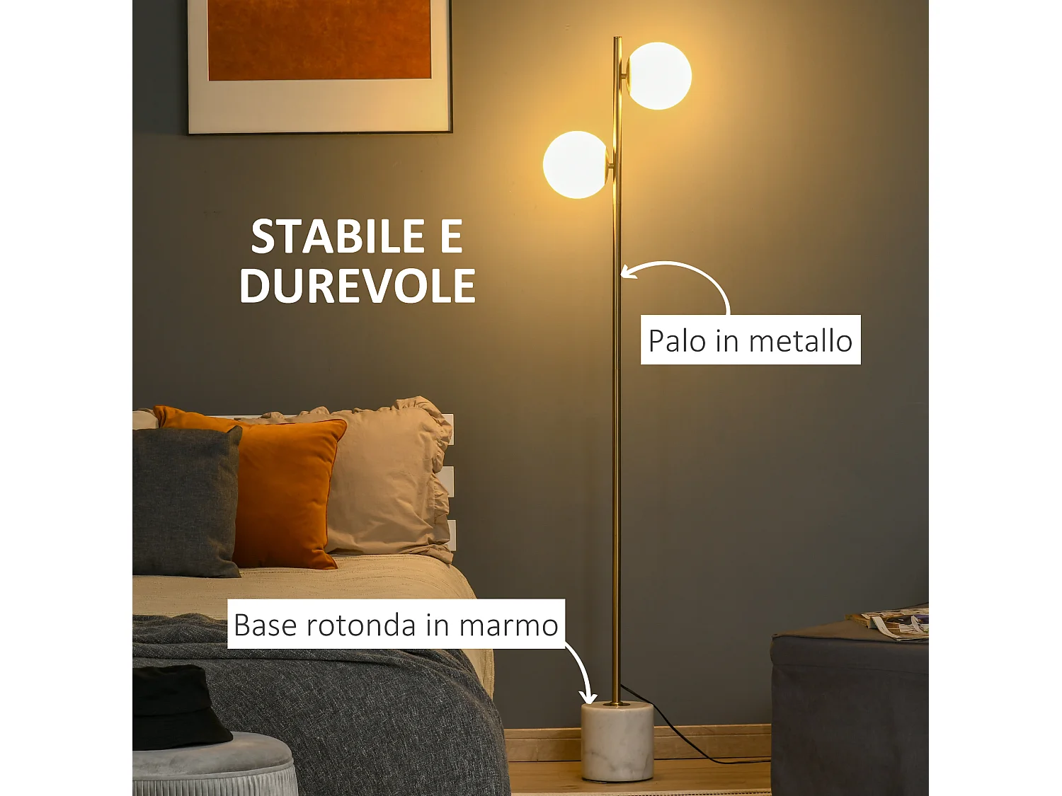 Lampada da terra con 2 luci e base in marmo altezza 165cm oro