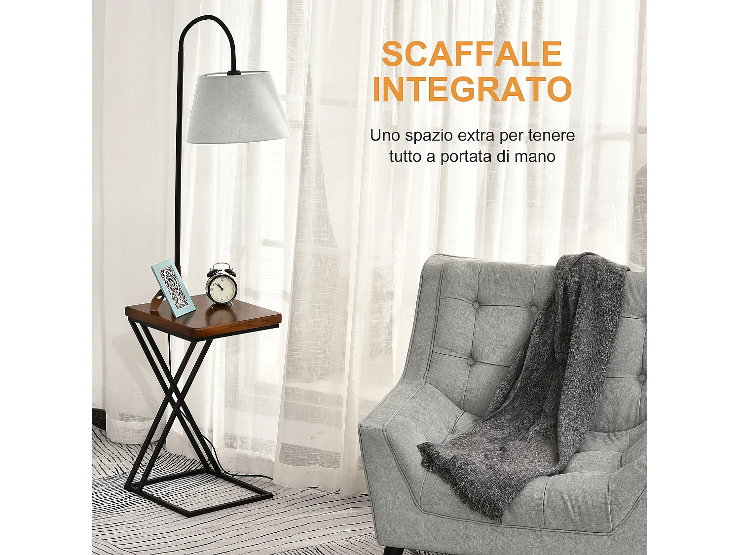 Lampada da terra a caricatore wireless in legno e acciaio multicolore