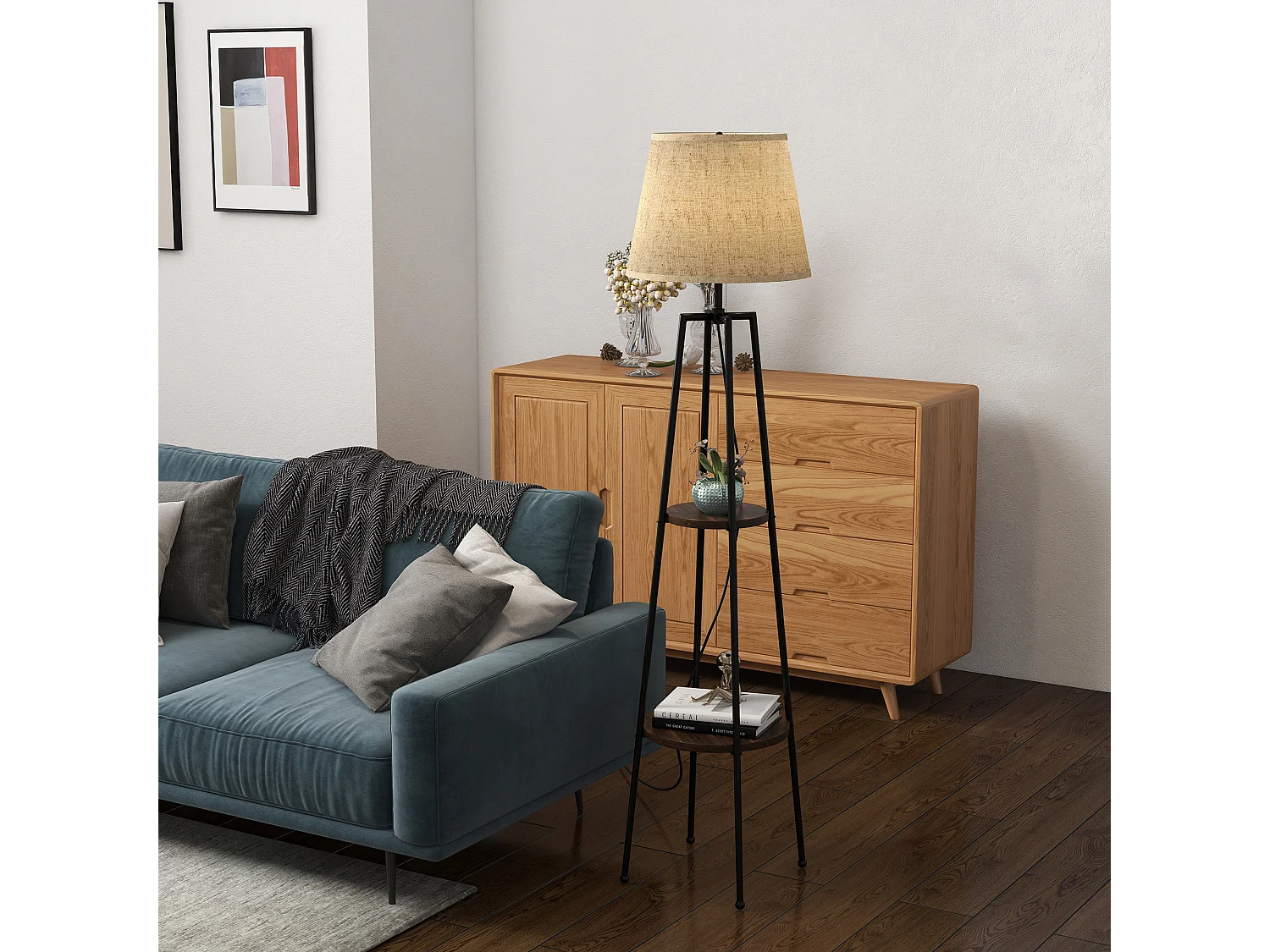 Lampada da terra a 2 ripiani con paralume in tessuto